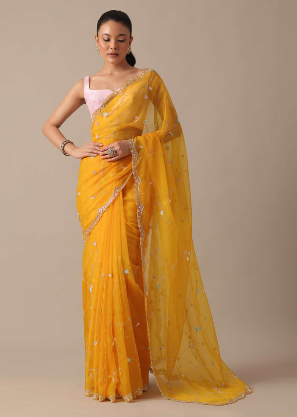 Yellow Embellished Organza Saree With Unstitched Blouse Piece