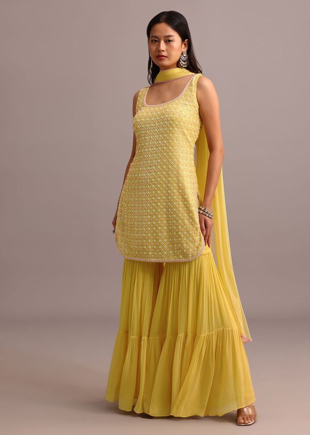 Yellow Embellished Sharara Set With Net Dupatta