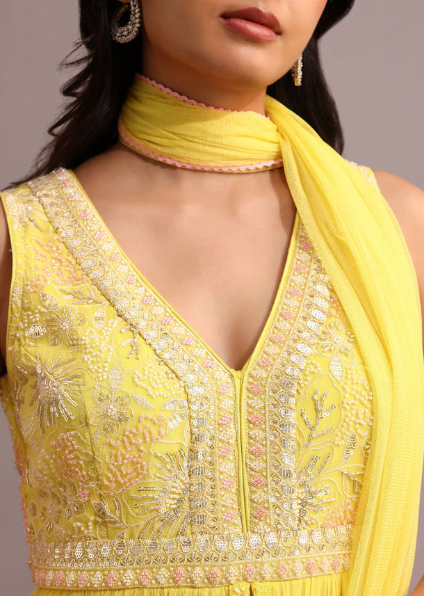 Yellow Embroidered Anarkali Pant Suit With Net Dupatta