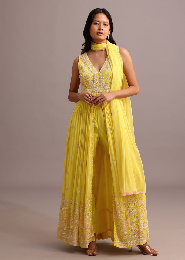 Yellow Embroidered Anarkali Pant Suit With Net Dupatta