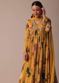 Yellow Embroidered Anarkali With Dupatta