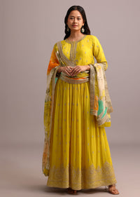 Yellow Embroidered Anarkali With Floral Printed Organza Dupatta