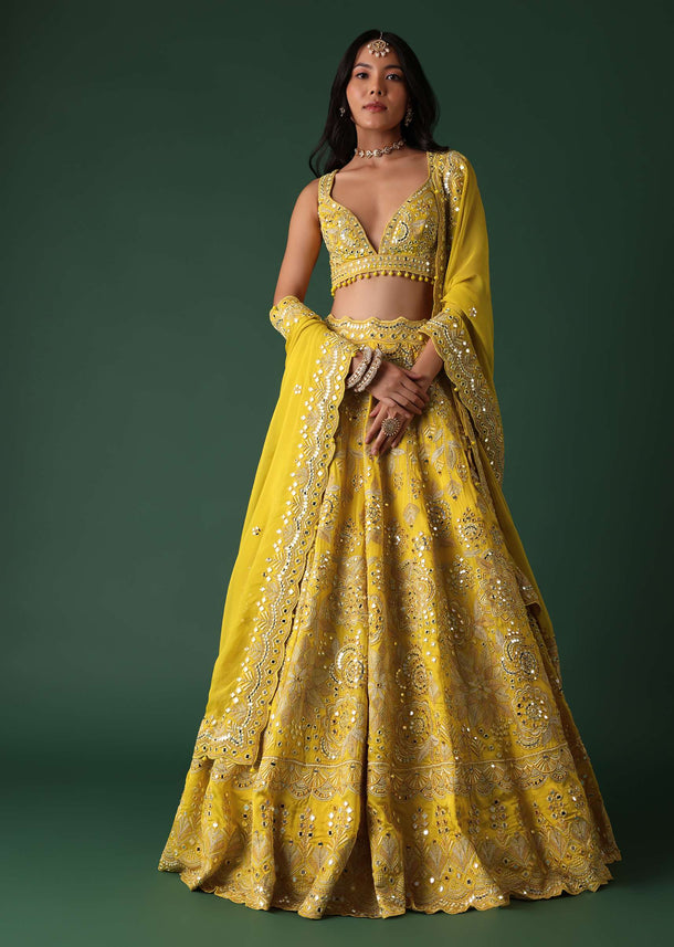 Yellow Embroidered Bridal Lehenga And Blouse Set With Mirror Work
