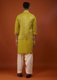 Lime Yellow Embroidered Bandi Jacket Set In Cotton Silk