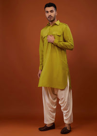 Lime Yellow Embroidered Bandi Jacket Set In Cotton Silk