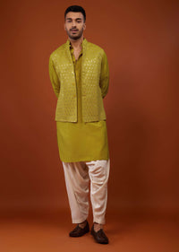 Lime Yellow Embroidered Bandi Jacket Set In Cotton Silk