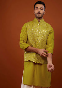 Lime Yellow Embroidered Bandi Jacket Set In Cotton Silk