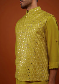 Lime Yellow Embroidered Bandi Jacket Set In Cotton Silk