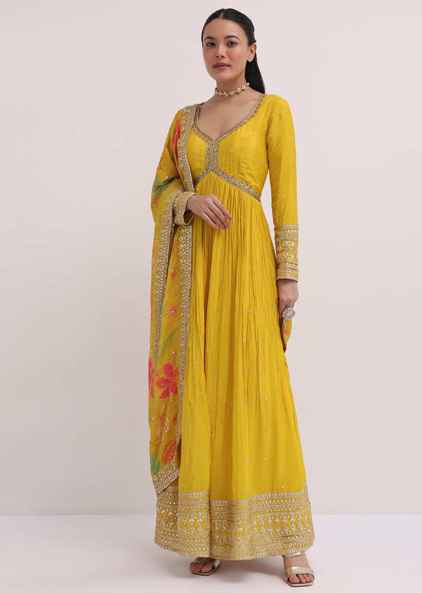 Yellow Embroidered Chiffon Anarkali Suit