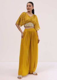 Yellow Embroidered Chiffon Crop Top And Palazzo