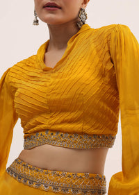 Yellow Embroidered Chiffon Crop Top And Skirt