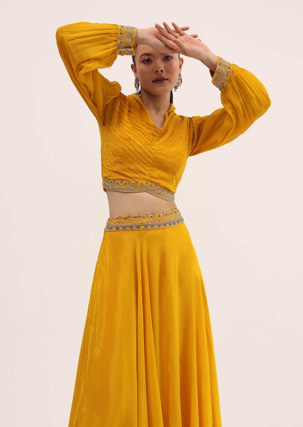 Yellow Embroidered Chiffon Crop Top And Skirt