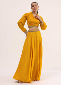 Yellow Embroidered Chiffon Crop Top And Skirt