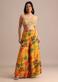 Yellow Embroidered Chiffon Palazzo Suit With Jacket