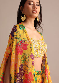 Yellow Embroidered Chiffon Palazzo Suit With Jacket