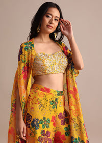 Yellow Embroidered Chiffon Palazzo Suit With Jacket