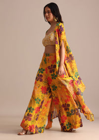 Yellow Embroidered Chiffon Palazzo Suit With Jacket