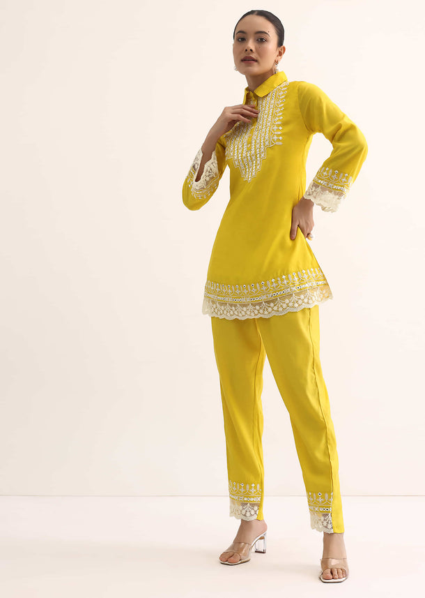 Yellow Embroidered Cotton Kurta And Pant