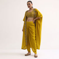 Yellow Embroidered Crop Top And Dhoti With Jacket