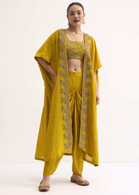 Yellow Embroidered Crop Top And Dhoti With Jacket