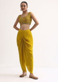 Yellow Embroidered Crop Top And Dhoti With Jacket