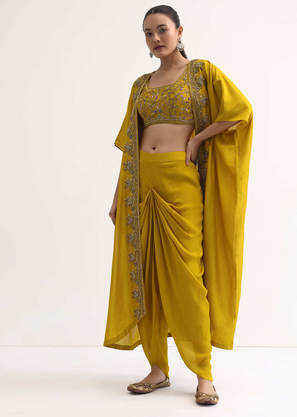 Yellow Embroidered Crop Top And Dhoti With Jacket