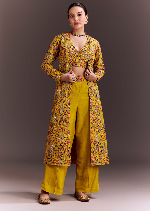 Yellow Embroidered Crop Top And Pant Set With Long Jacket