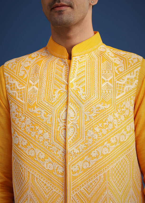 Yellow Embroidered Jacket And Kurta Set In Silk