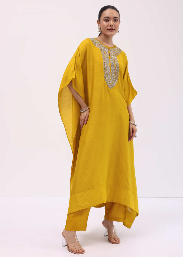 Yellow Embroidered Kaftaan Kurta Pant Set