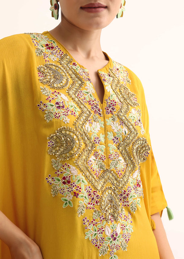 Yellow Embroidered Kaftan Kurta Set