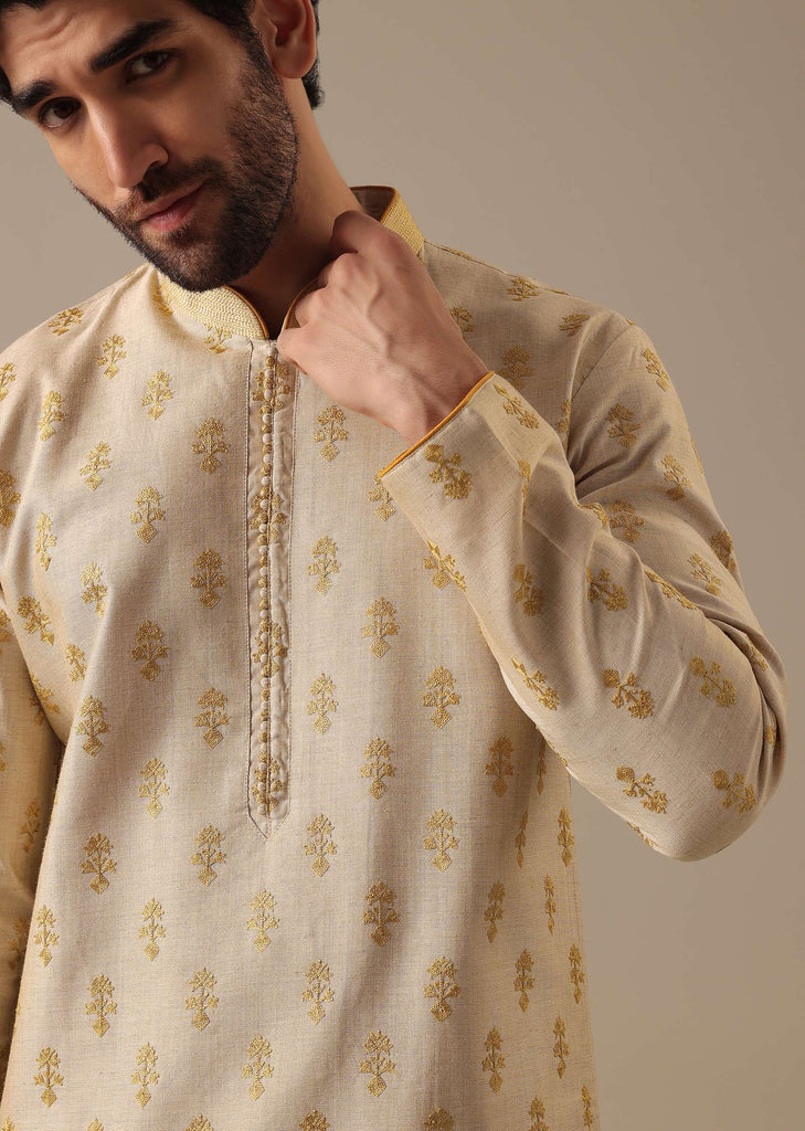 Yellow Embroidered Kurta Set in Tussar Silk