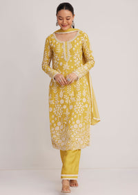 Yellow Embroidered Kurta Pant And Dupatta Set