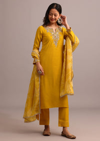 Yellow Embroidered Kurta Pant Set With Organza Dupatta