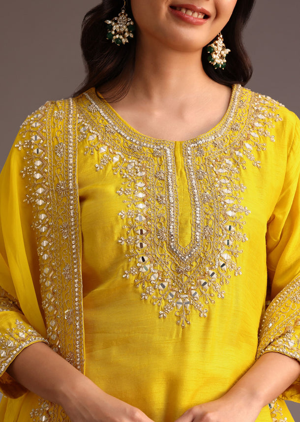 Yellow Embroidered Kurta Set With Chanderi Dupatta