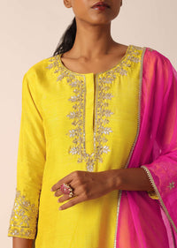 Yellow Embroidered Kurta Set With Organza Dupatta And Gota Patti Work