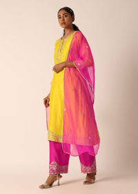 Yellow Embroidered Kurta Set With Organza Dupatta And Gota Patti Work