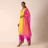 Yellow Embroidered Kurta Set With Organza Dupatta And Gota Patti Work