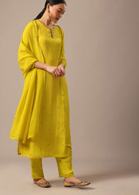 Yellow Embroidered Kurta Set With Organza Dupatta