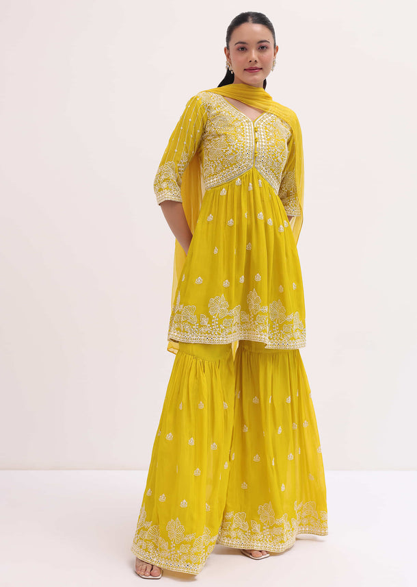 Yellow Embroidered Kurta Sharara Set