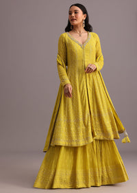 Yellow Embroidered Kurti And Skirt With Butti Work Dupatta