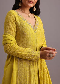 Yellow Embroidered Kurti And Skirt With Butti Work Dupatta