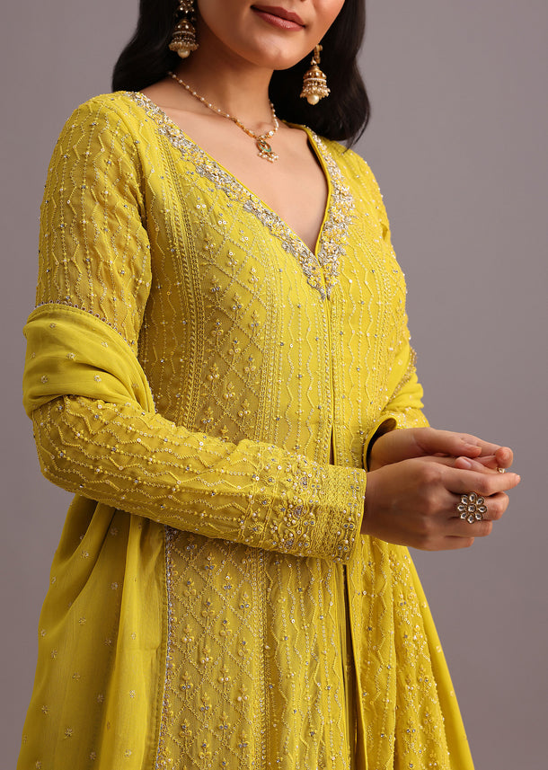 Yellow Embroidered Kurti And Skirt With Butti Work Dupatta