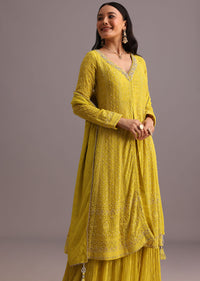 Yellow Embroidered Kurti And Skirt With Butti Work Dupatta