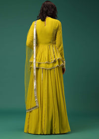 Yellow Embroidered Lehenga Set With Peplum Top In Georgette