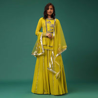 Yellow Embroidered Lehenga Set With Peplum Top In Georgette