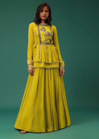 Yellow Embroidered Lehenga Set With Peplum Top In Georgette