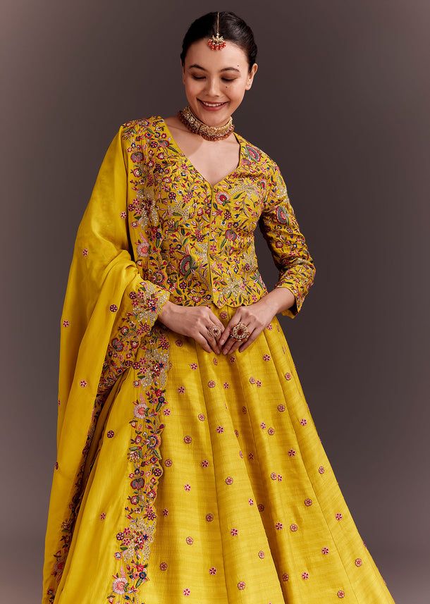 Yellow Embroidered Lehenga Set With Short Kurta And Dupatta
