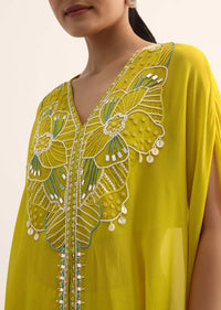 Yellow  Embroidered Organza Crop Top Set With Cape