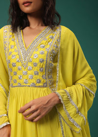Yellow Embroidered Palazzo Suit Set In Georgette With Gota Work