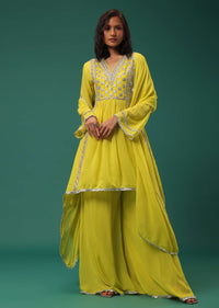 Yellow Embroidered Palazzo Suit Set In Georgette With Gota Work